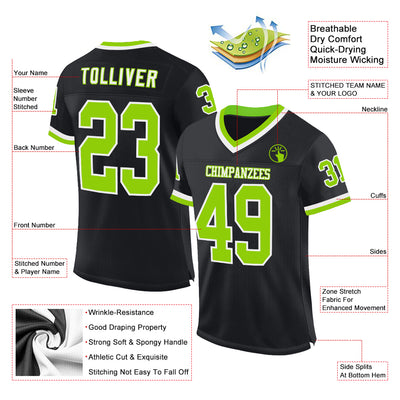 Custom Black Neon Green-White Mesh Authentic Throwback Football Jersey