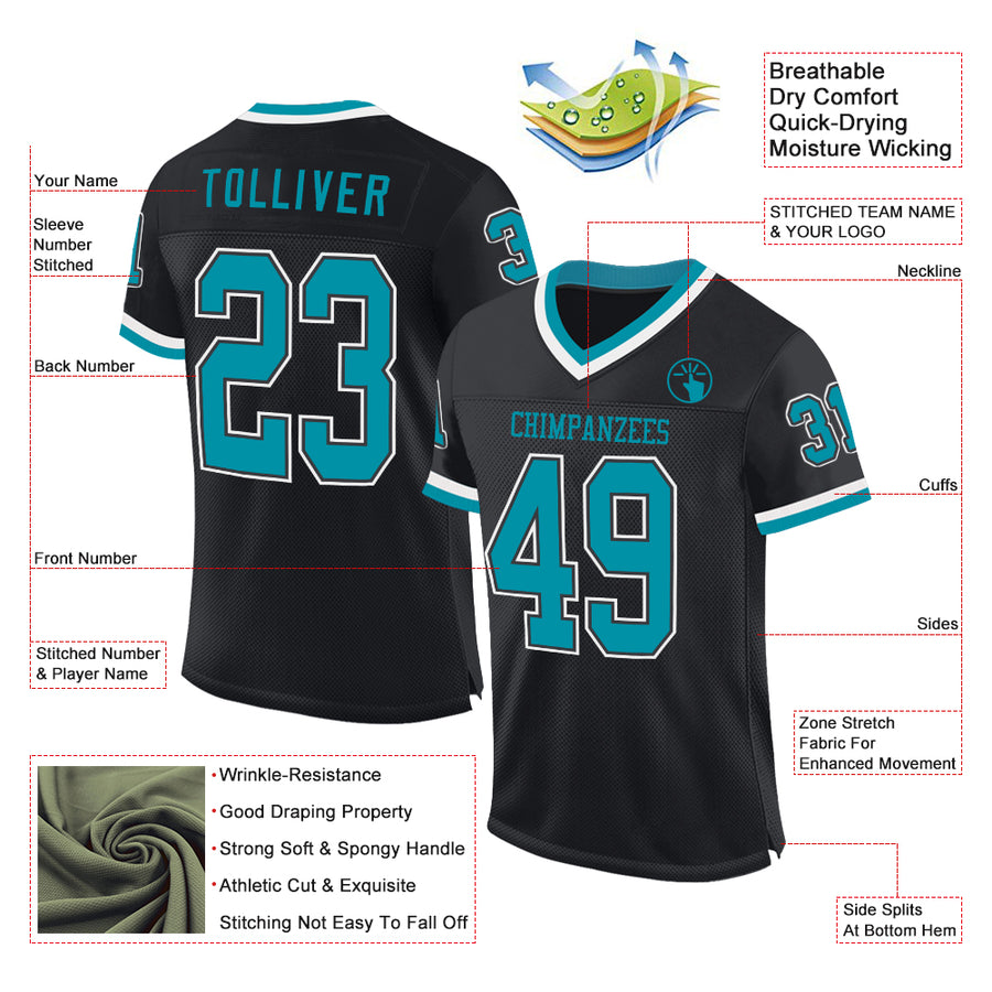 Custom Black Teal-White Mesh Authentic Throwback Football Jersey