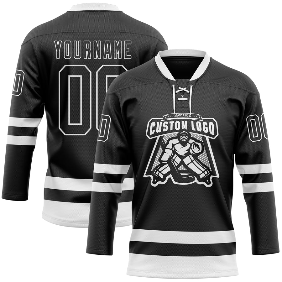 Custom Black White Hockey Lace Neck Jersey