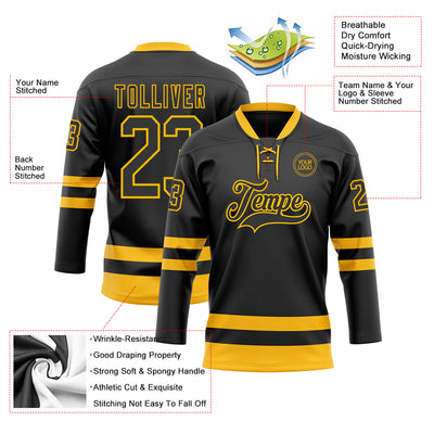 Custom Black Gold Hockey Lace Neck Jersey