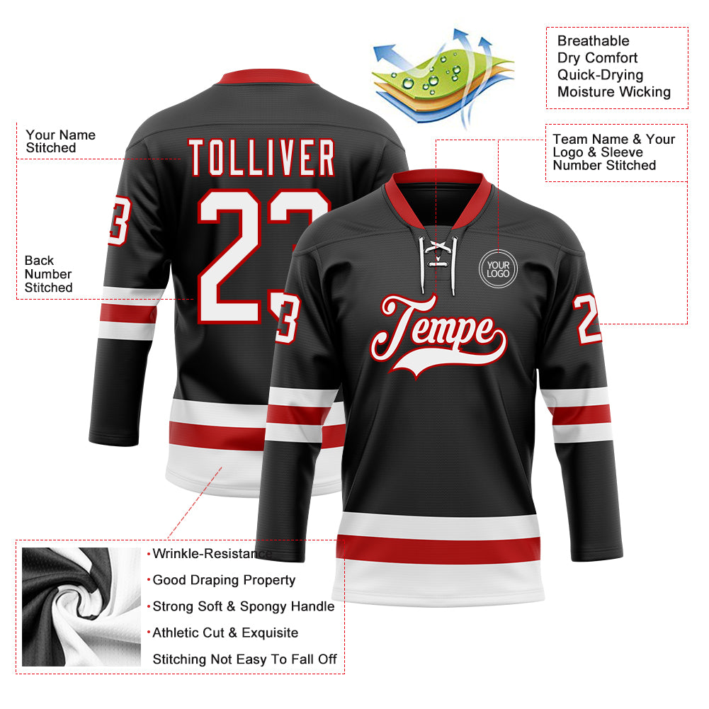 Custom Black White-Red Hockey Lace Neck Jersey