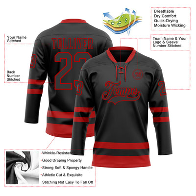 Custom Black Red Hockey Lace Neck Jersey