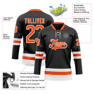 Custom Black Orange-White Hockey Lace Neck Jersey