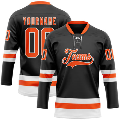 Custom Black Orange-White Hockey Lace Neck Jersey