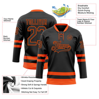 Custom Black Orange Hockey Lace Neck Jersey