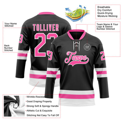 Custom Black Pink-White Hockey Lace Neck Jersey