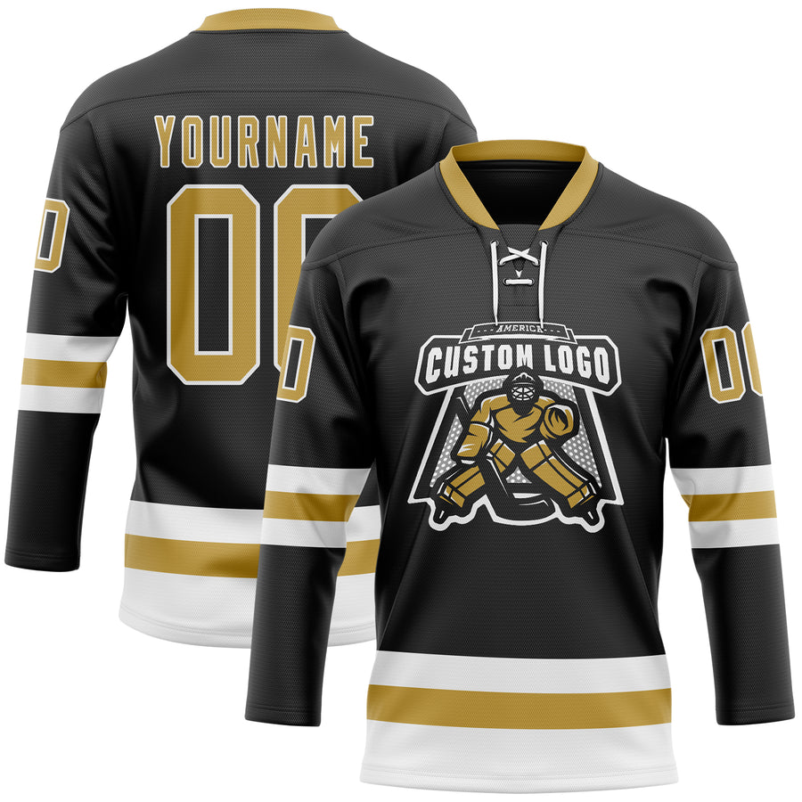 Custom Black Old Gold-White Hockey Lace Neck Jersey