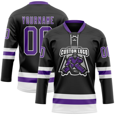 Custom Black Purple-White Hockey Lace Neck Jersey