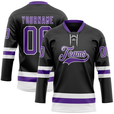 Custom Black Purple-White Hockey Lace Neck Jersey