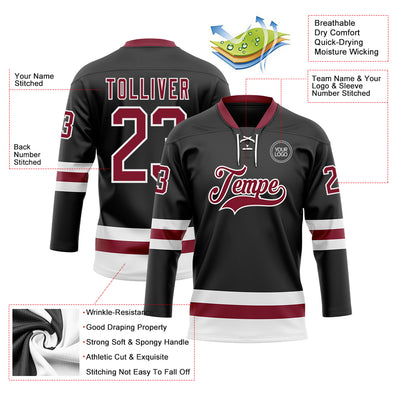 Custom Black Crimson-White Hockey Lace Neck Jersey