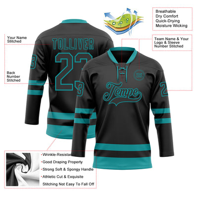 Custom Black Teal Hockey Lace Neck Jersey