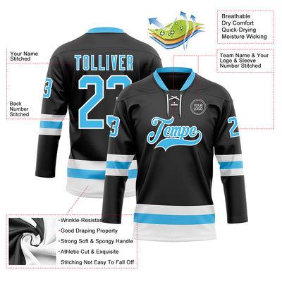 Custom Black Sky Blue-White Hockey Lace Neck Jersey