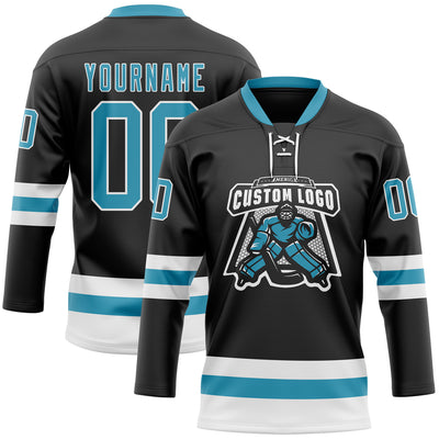 Custom Black Panther Blue-White Hockey Lace Neck Jersey