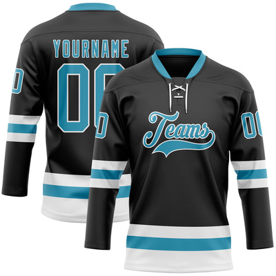 Custom Black Panther Blue-White Hockey Lace Neck Jersey