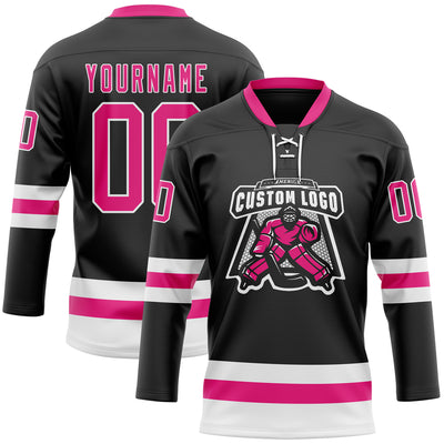 Custom Black Hot Pink-White Hockey Lace Neck Jersey