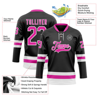 Custom Black Deep Pink-White Hockey Lace Neck Jersey