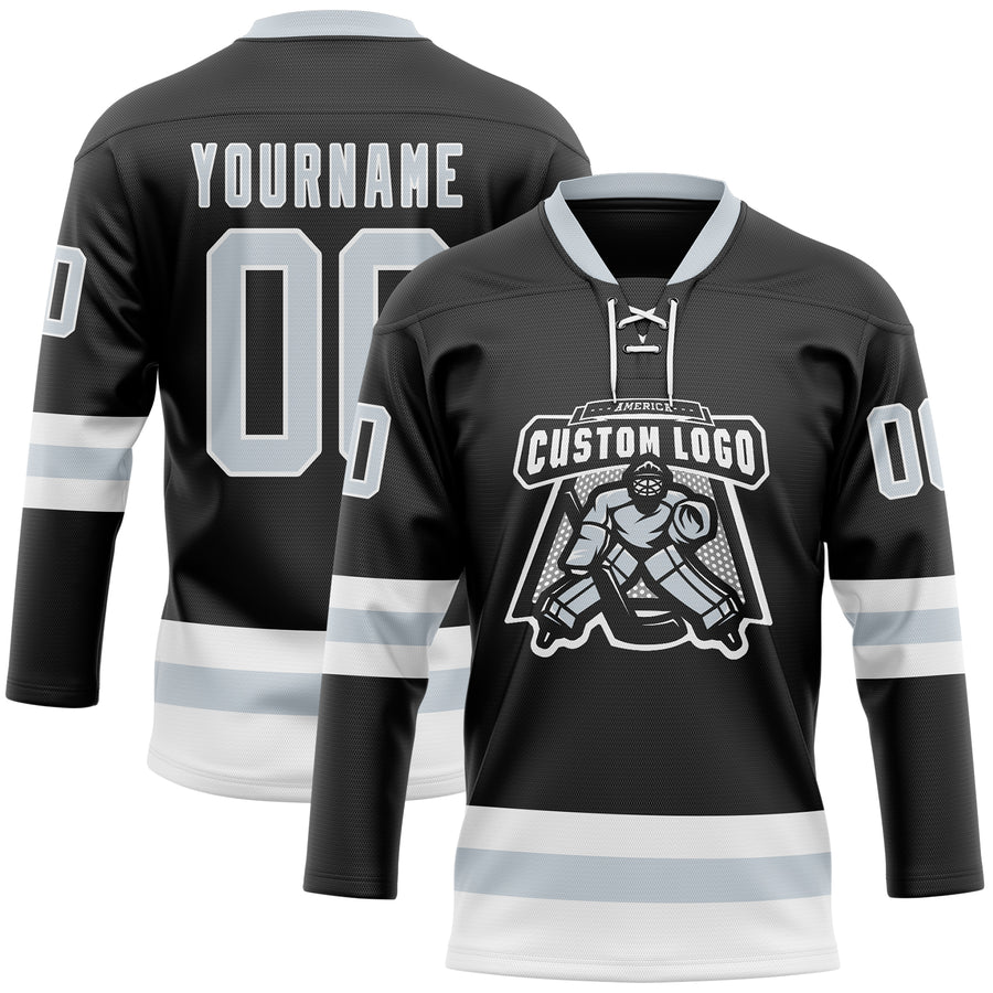 Custom Black Silver-White Hockey Lace Neck Jersey