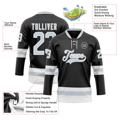 Custom Black Silver-White Hockey Lace Neck Jersey