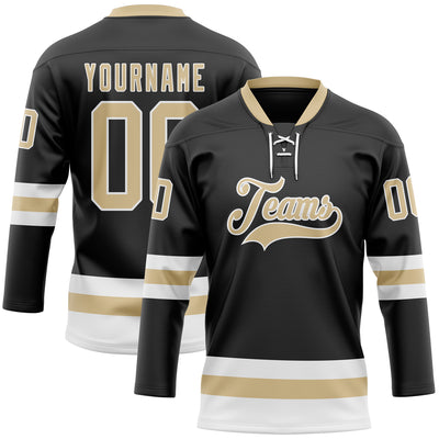 Custom Black Vegas Gold-White Hockey Lace Neck Jersey