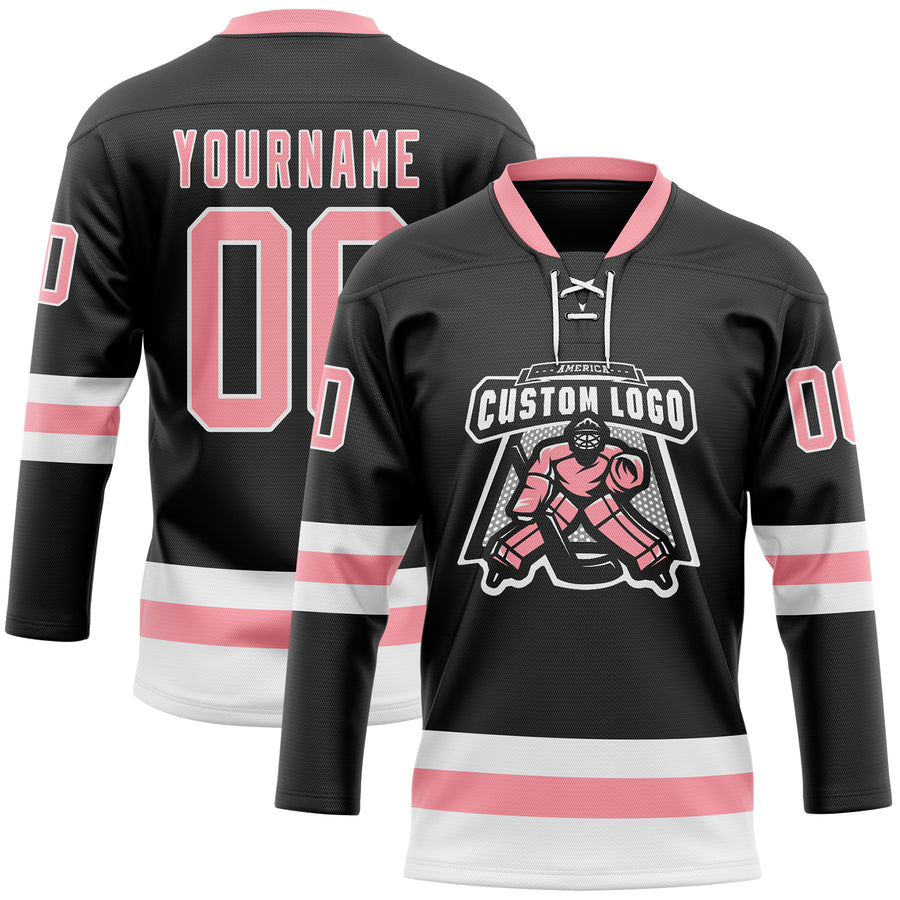 Custom Black Medium Pink-White Hockey Lace Neck Jersey