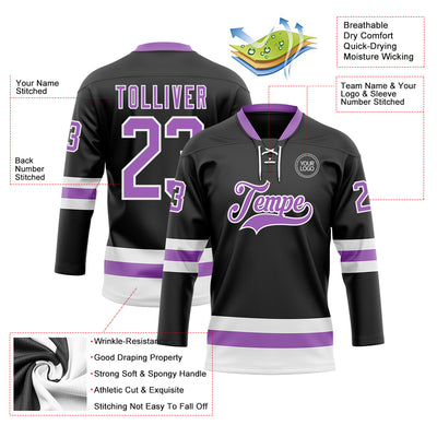 Custom Black Medium Purple-White Hockey Lace Neck Jersey