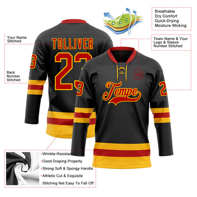 Custom Black Red-Gold Hockey Lace Neck Jersey