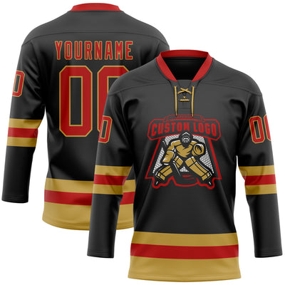 Custom Black Red-Old Gold Hockey Lace Neck Jersey