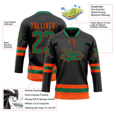 Custom Black Kelly Green-Orange Hockey Lace Neck Jersey