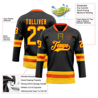 Custom Black Yellow-Orange Hockey Lace Neck Jersey