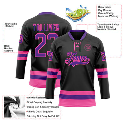 Custom Black Purple-Pink Hockey Lace Neck Jersey