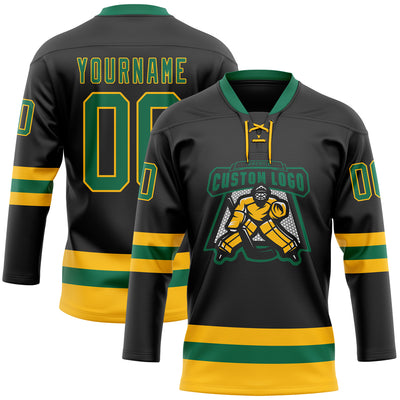 Custom Black Kelly Green-Gold Hockey Lace Neck Jersey