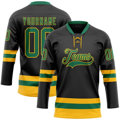 Custom Black Kelly Green-Gold Hockey Lace Neck Jersey