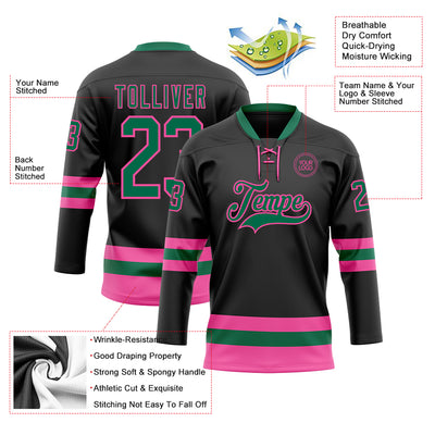 Custom Black Kelly Green-Pink Hockey Lace Neck Jersey