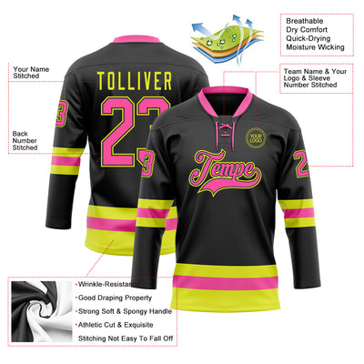 Custom Black Pink-Neon Yellow Hockey Lace Neck Jersey