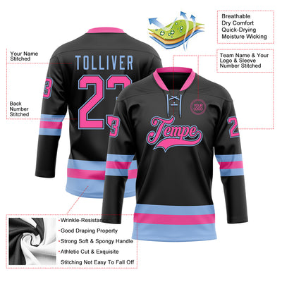 Custom Black Pink-Light Blue Hockey Lace Neck Jersey