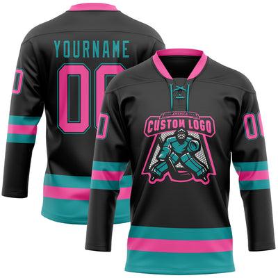 Custom Black Pink-Teal Hockey Lace Neck Jersey