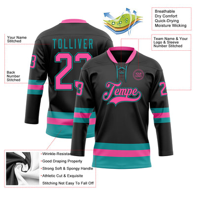 Custom Black Pink-Teal Hockey Lace Neck Jersey