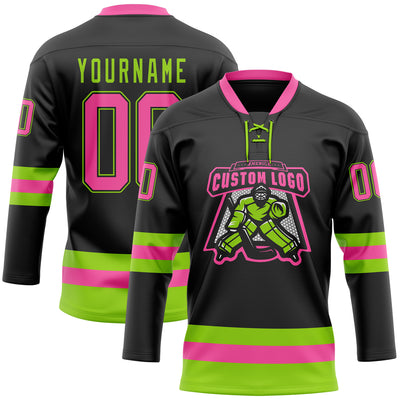 Custom Black Pink-Neon Green Hockey Lace Neck Jersey