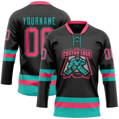 Custom Black Neon Pink-Aqua Hockey Lace Neck Jersey