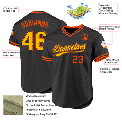 Custom Black Gold-Orange Authentic Throwback Baseball Jersey