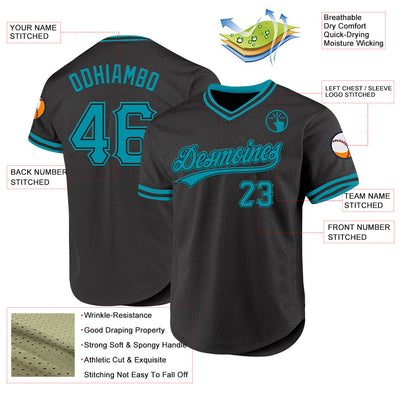 Custom Black Teal Authentic Throwback Baseball Jersey