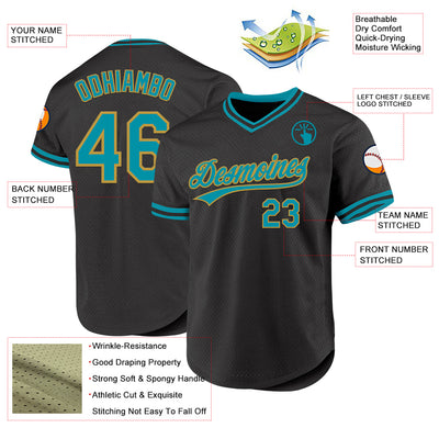 Custom Black Teal-Old Gold Authentic Throwback Baseball Jersey