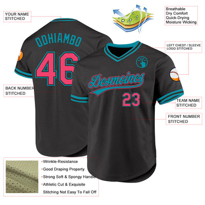 Custom Black Neon Pink-Teal Authentic Throwback Baseball Jersey