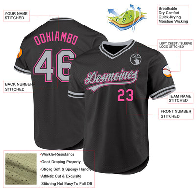 Custom Black Gray-Pink Authentic Throwback Baseball Jersey