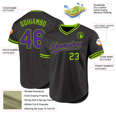 Custom Black Purple-Neon Green Authentic Throwback Baseball Jersey