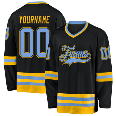 Custom Black Light Blue-Gold Hockey Jersey