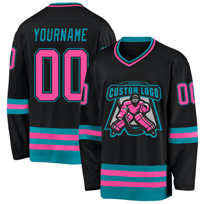 Custom Black Pink-Teal Hockey Jersey