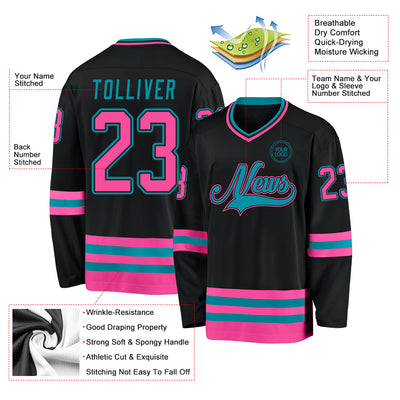 Custom Black Pink-Teal Hockey Jersey