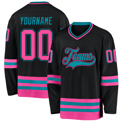 Custom Black Pink-Teal Hockey Jersey