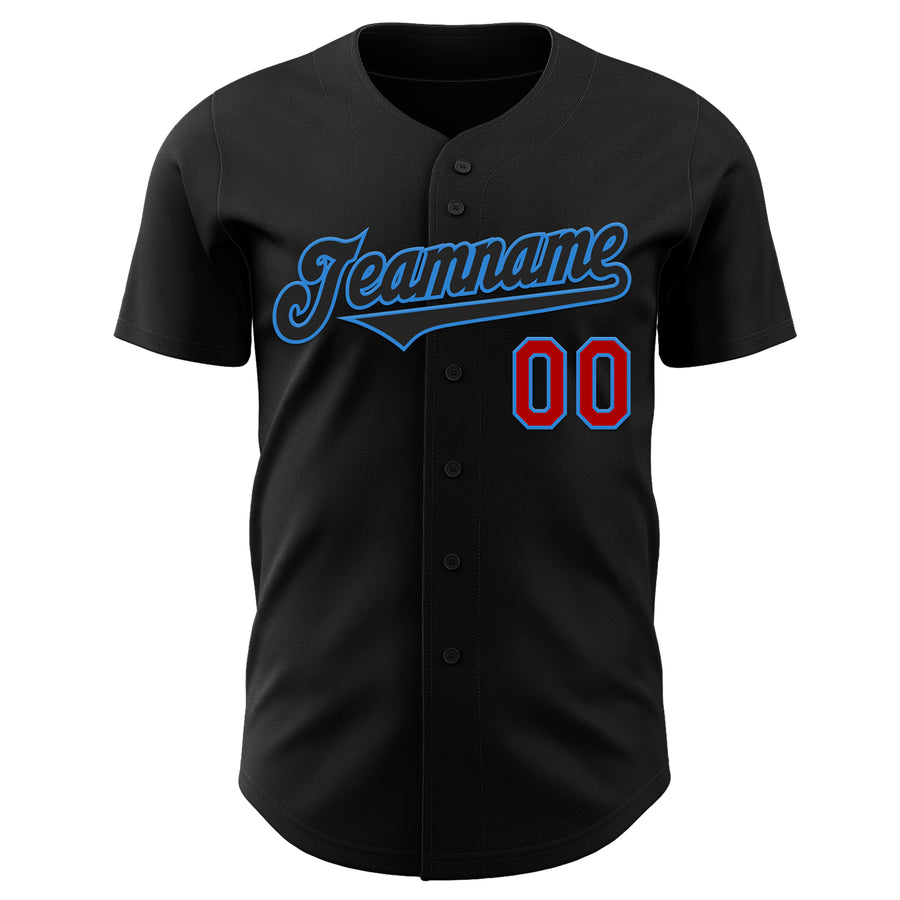 Custom Black Electric Blue-Red Authentic Baseball Jersey